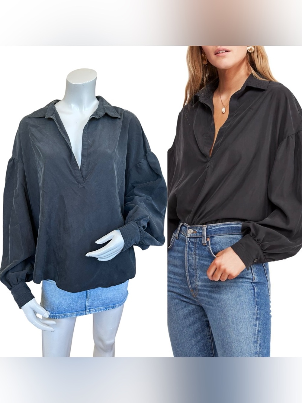 Free People Love Until Tomorrow Popover Collared Faded Black Blouse Size Medium